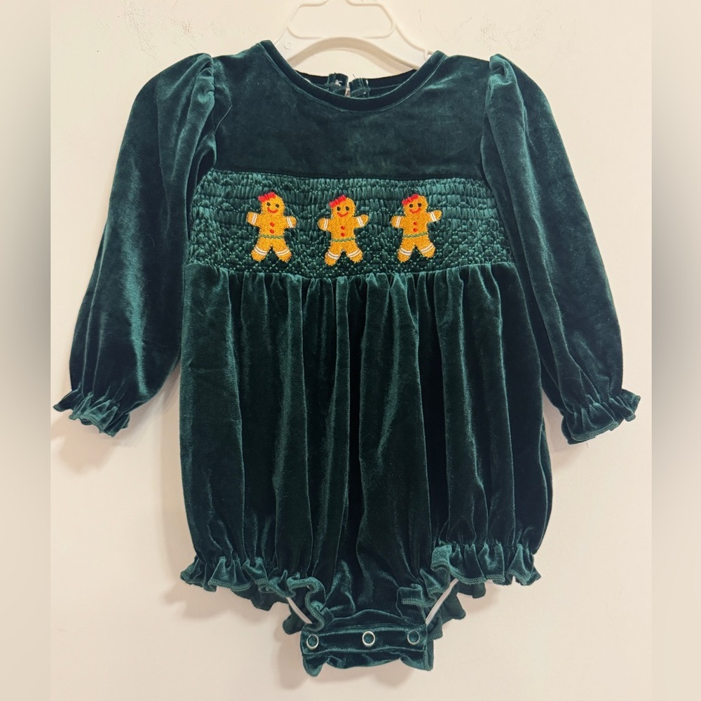 Green Velvet Kids One Piece with Gingerbread Design